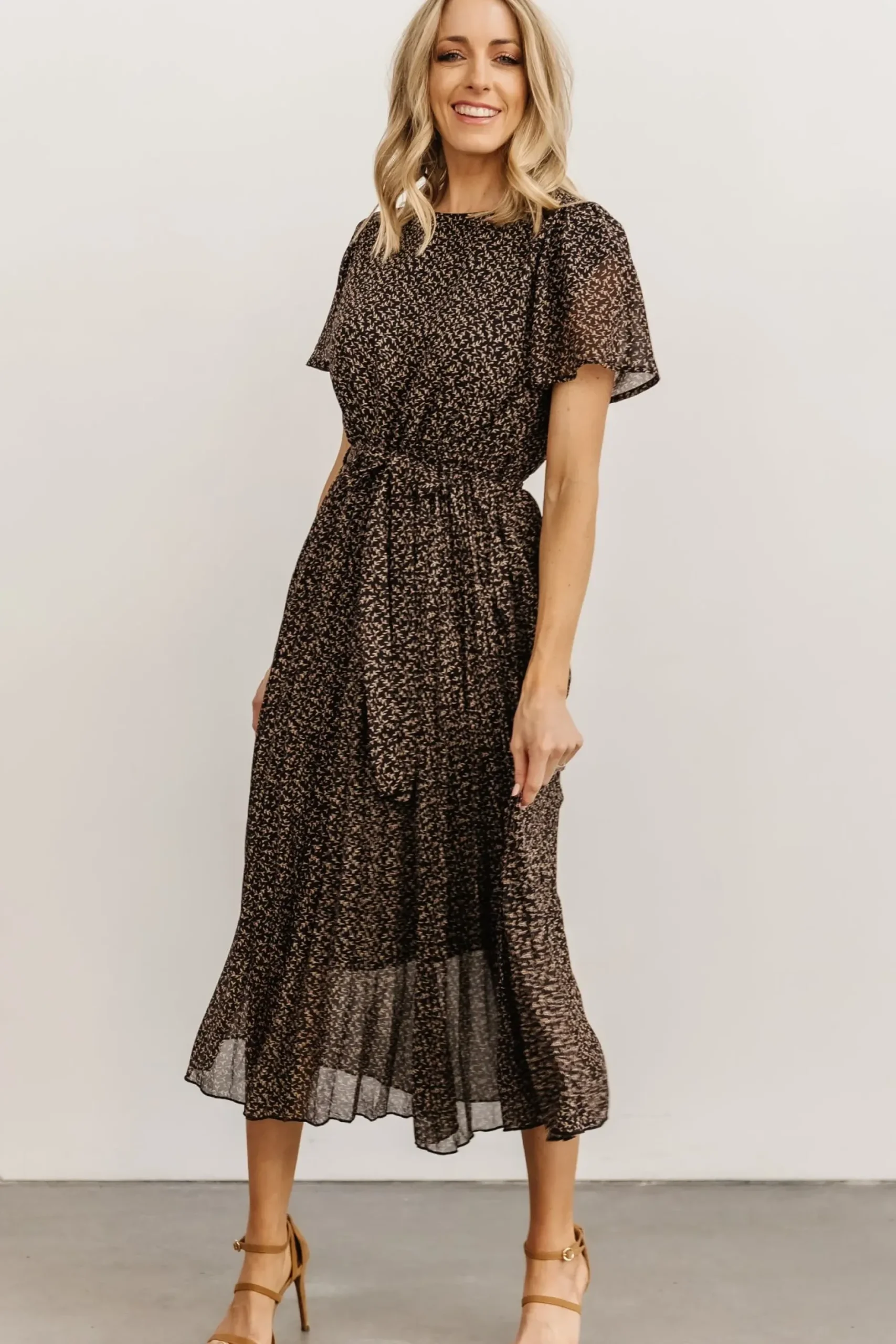 Baltic Born midi dresses|Prim Pleated Dress | Black Print