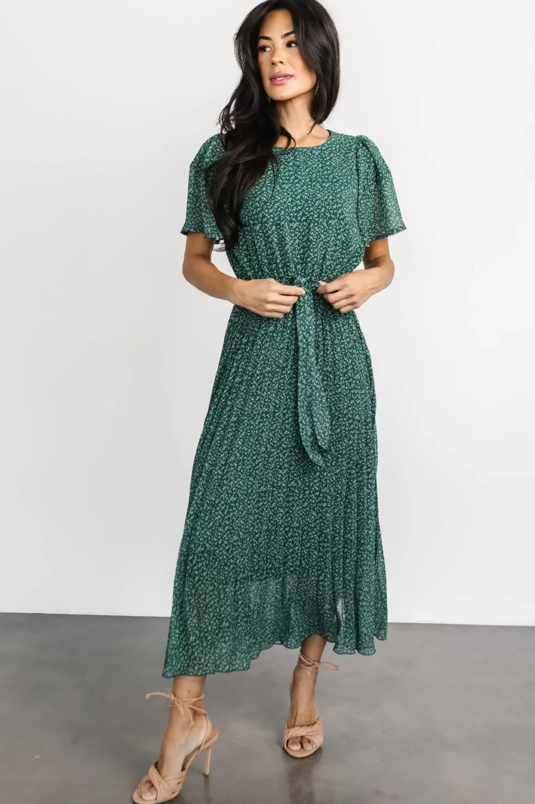 Baltic Born midi dresses|Prim Pleated Dress | Green Print