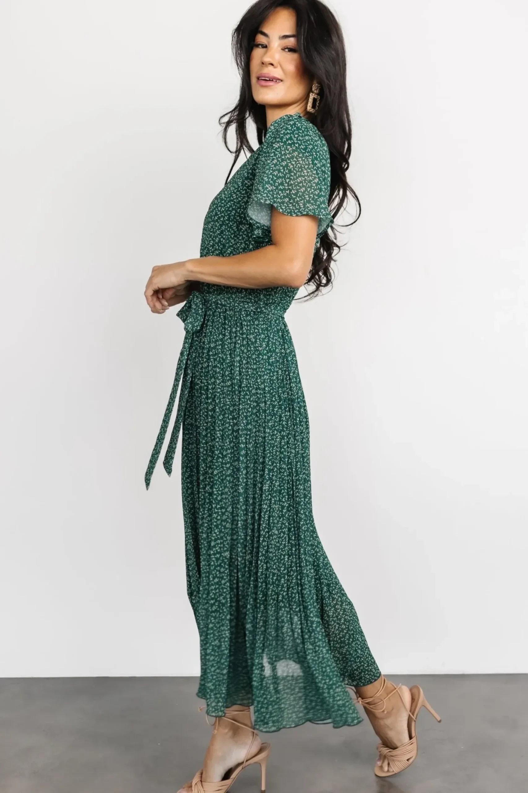 Baltic Born midi dresses|Prim Pleated Dress | Green Print
