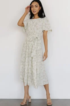 Baltic Born midi dresses|Prim Pleated Dress | Vintage Olive Print