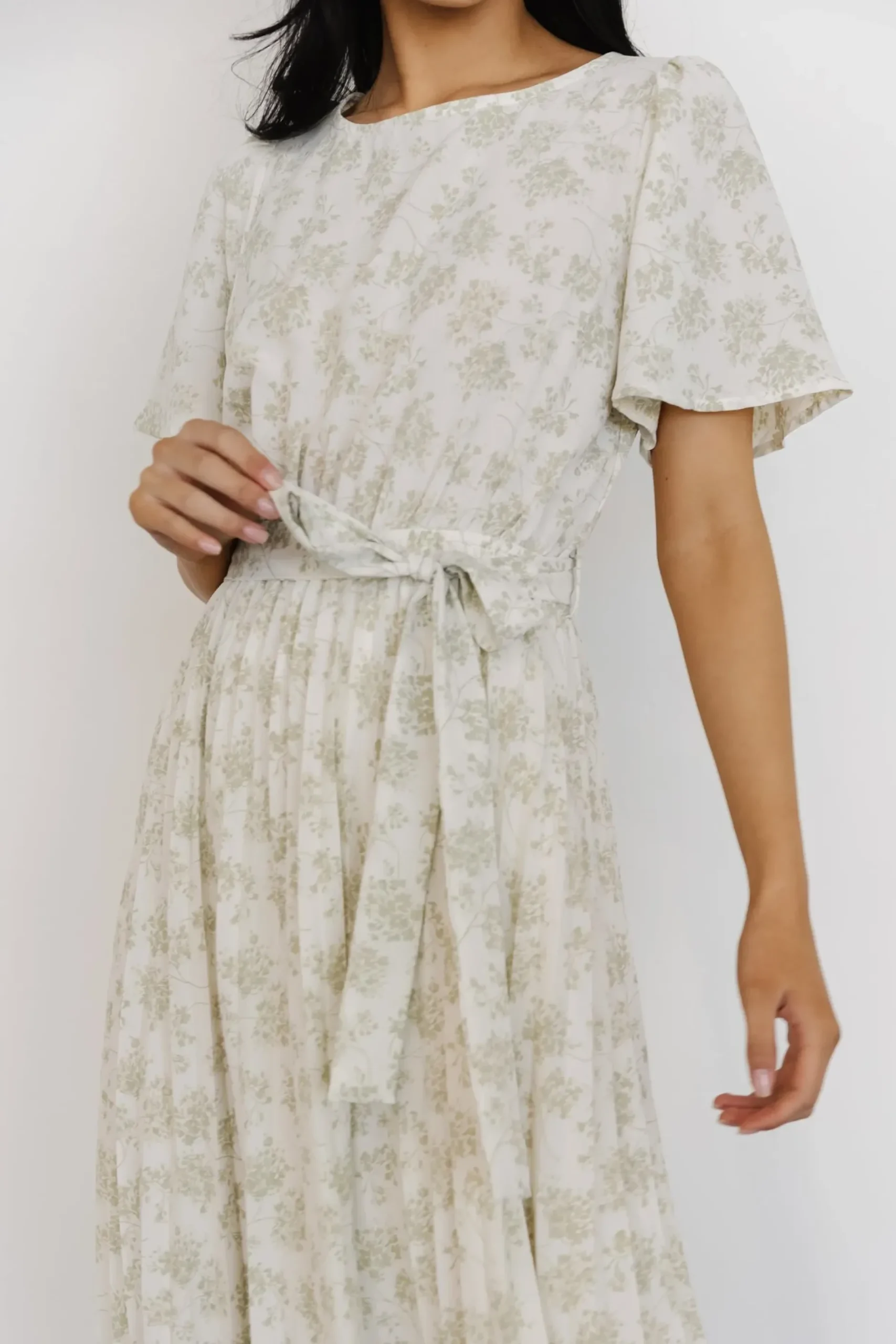Baltic Born midi dresses|Prim Pleated Dress | Vintage Olive Print