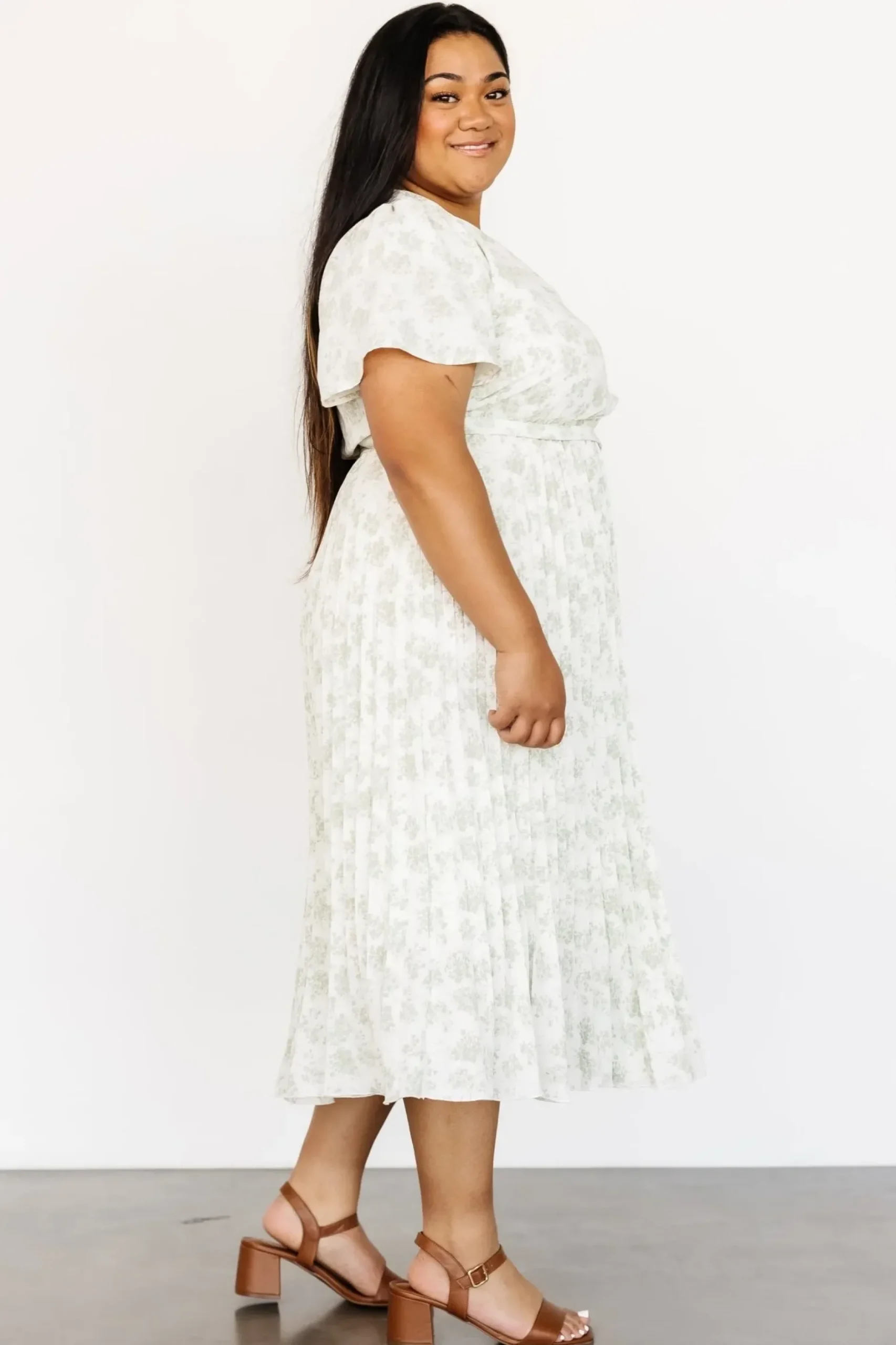 Baltic Born midi dresses|Prim Pleated Dress | Vintage Olive Print