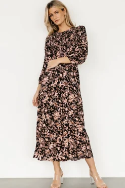Baltic Born midi dresses|Rochelle Smocked Midi Dress | Black Multi Floral