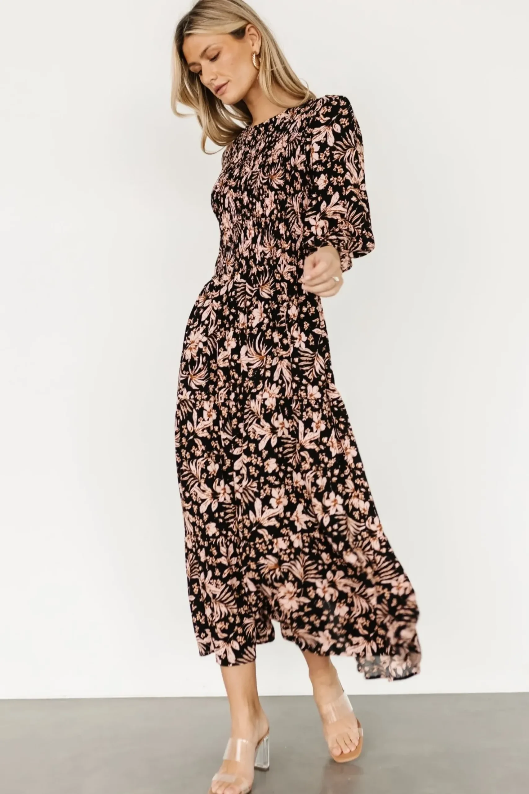 Baltic Born midi dresses|Rochelle Smocked Midi Dress | Black Multi Floral