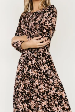 Baltic Born midi dresses|Rochelle Smocked Midi Dress | Black Multi Floral