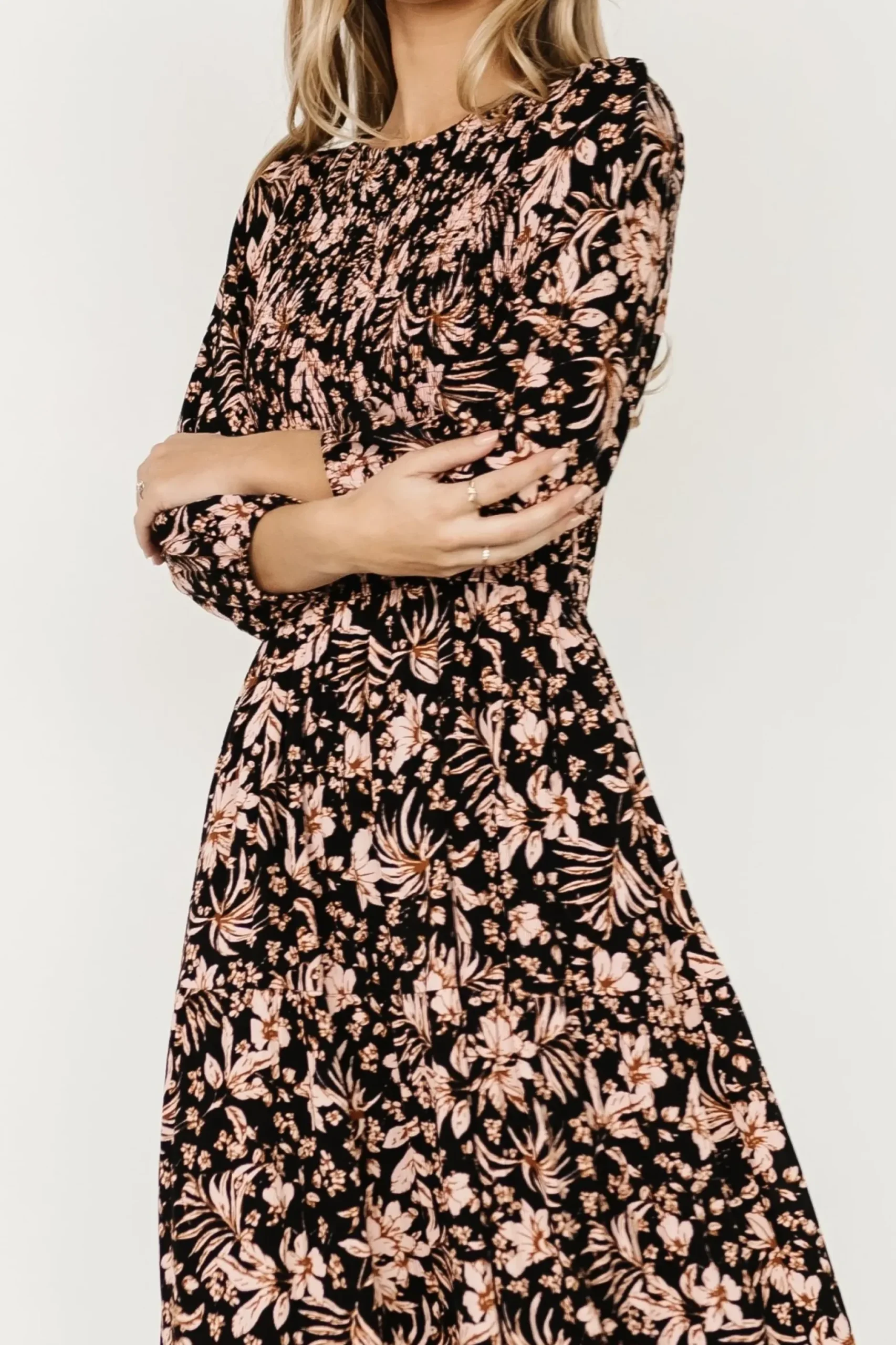 Baltic Born midi dresses|Rochelle Smocked Midi Dress | Black Multi Floral