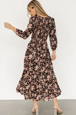Baltic Born midi dresses|Rochelle Smocked Midi Dress | Black Multi Floral