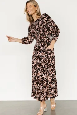 Baltic Born midi dresses|Rochelle Smocked Midi Dress | Black Multi Floral