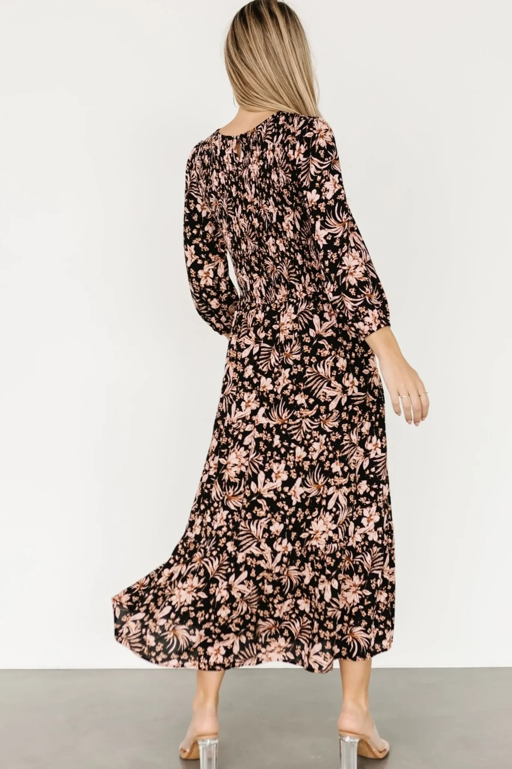 Baltic Born midi dresses|Rochelle Smocked Midi Dress | Black Multi Floral