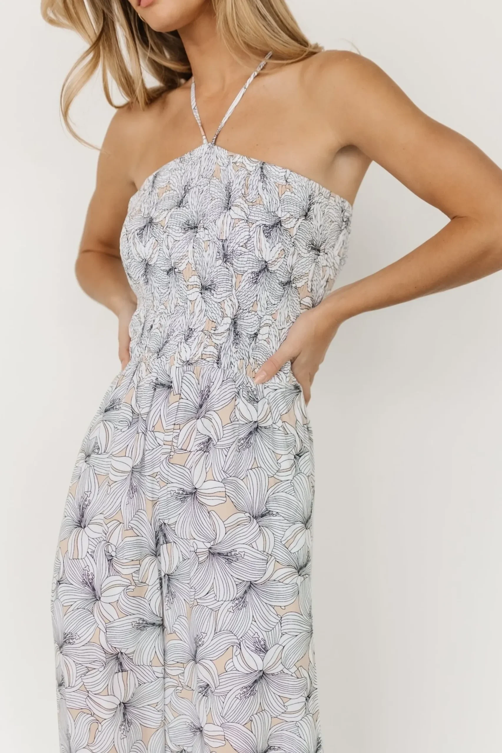 Baltic Born JUMPSUITS + ROMPERS|Santa Ana Halter Jumpsuit | Taupe + White