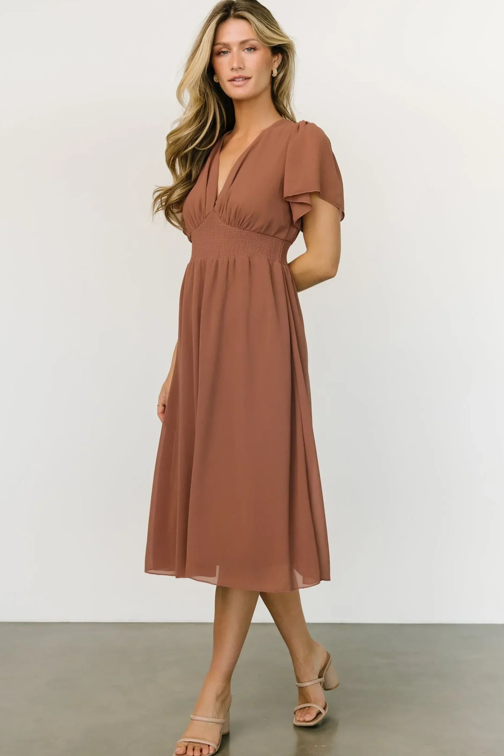 Baltic Born midi dresses|WEDDING SUITE|Sarah Smocked Midi Dress | Rosy Brown