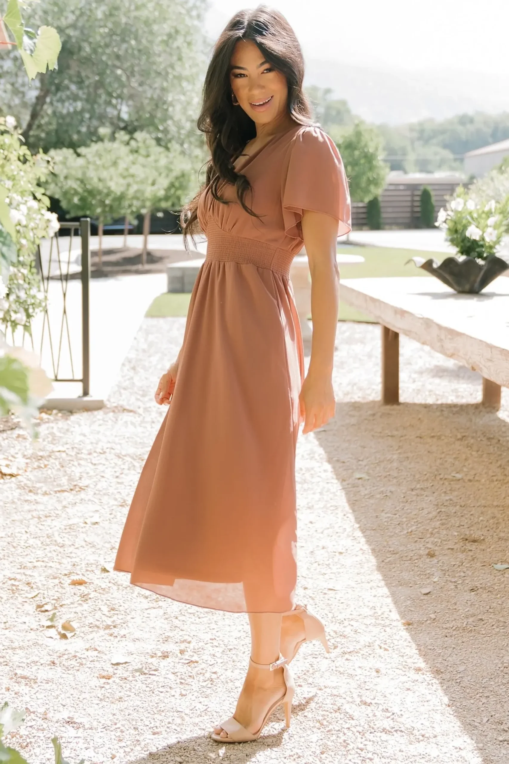 Baltic Born midi dresses|WEDDING SUITE|Sarah Smocked Midi Dress | Rosy Brown