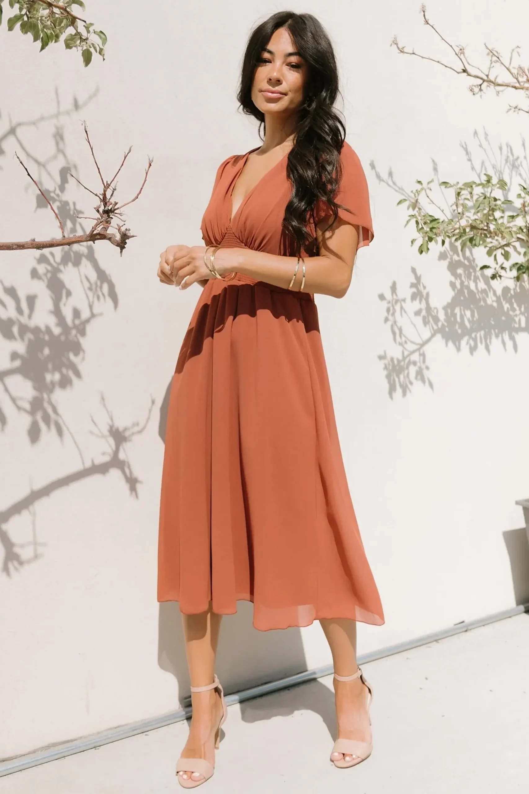 Baltic Born midi dresses|WEDDING SUITE|Sarah Smocked Midi Dress | Terracotta