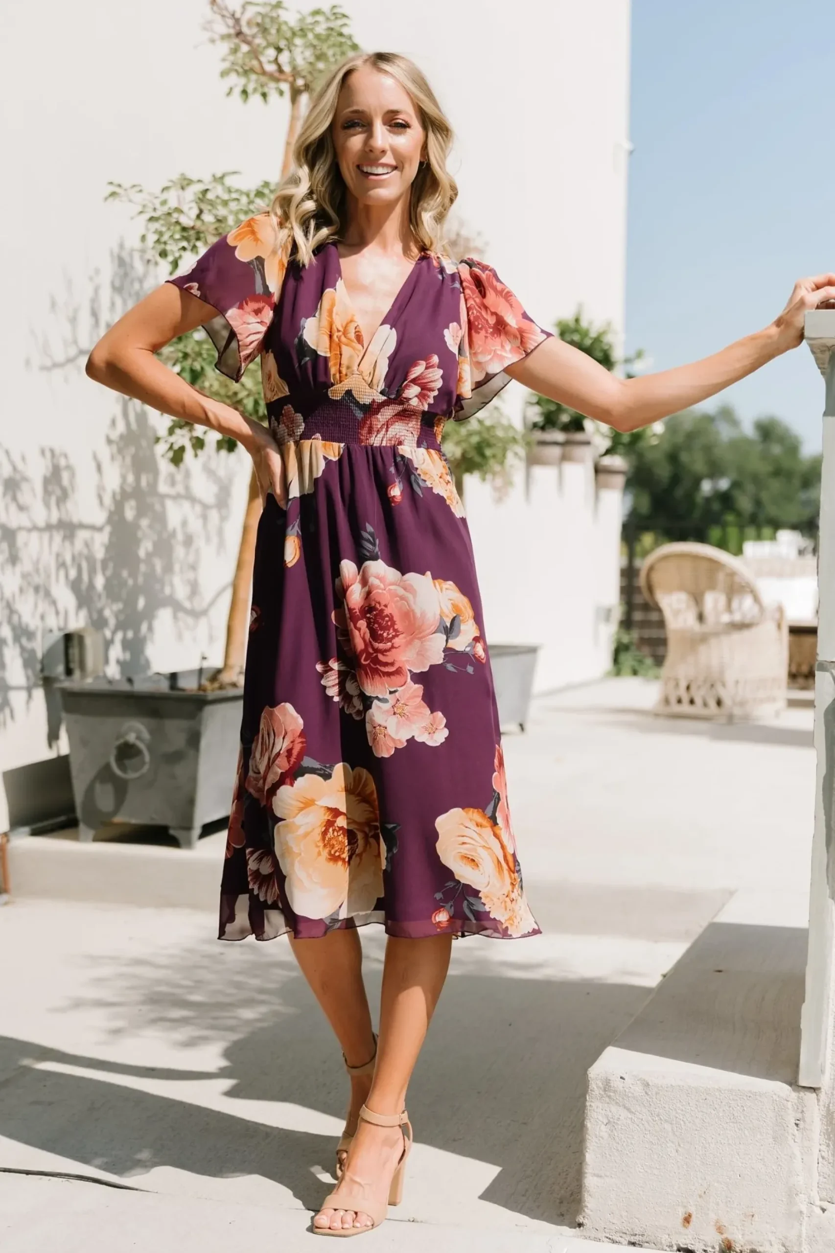 Baltic Born midi dresses|WEDDING SUITE|Sarah Smocked Midi Dress | Eggplant Floral