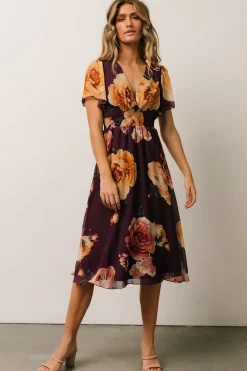 Baltic Born midi dresses|WEDDING SUITE|Sarah Smocked Midi Dress | Eggplant Floral