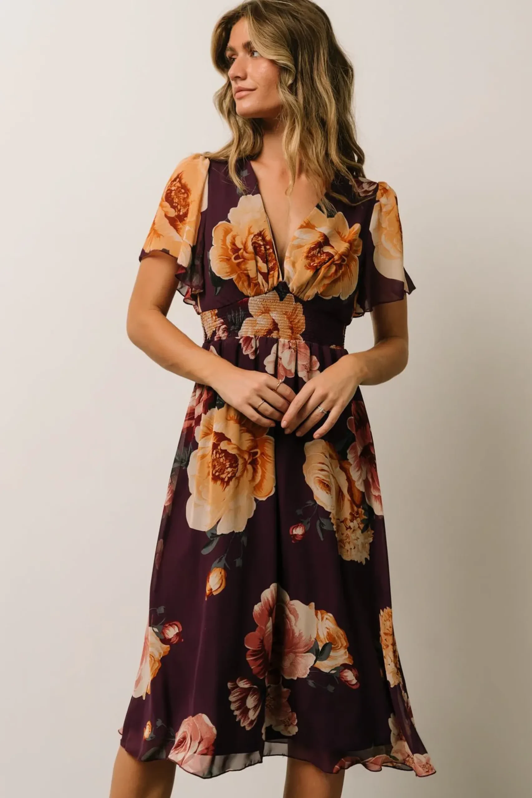 Baltic Born midi dresses|WEDDING SUITE|Sarah Smocked Midi Dress | Eggplant Floral