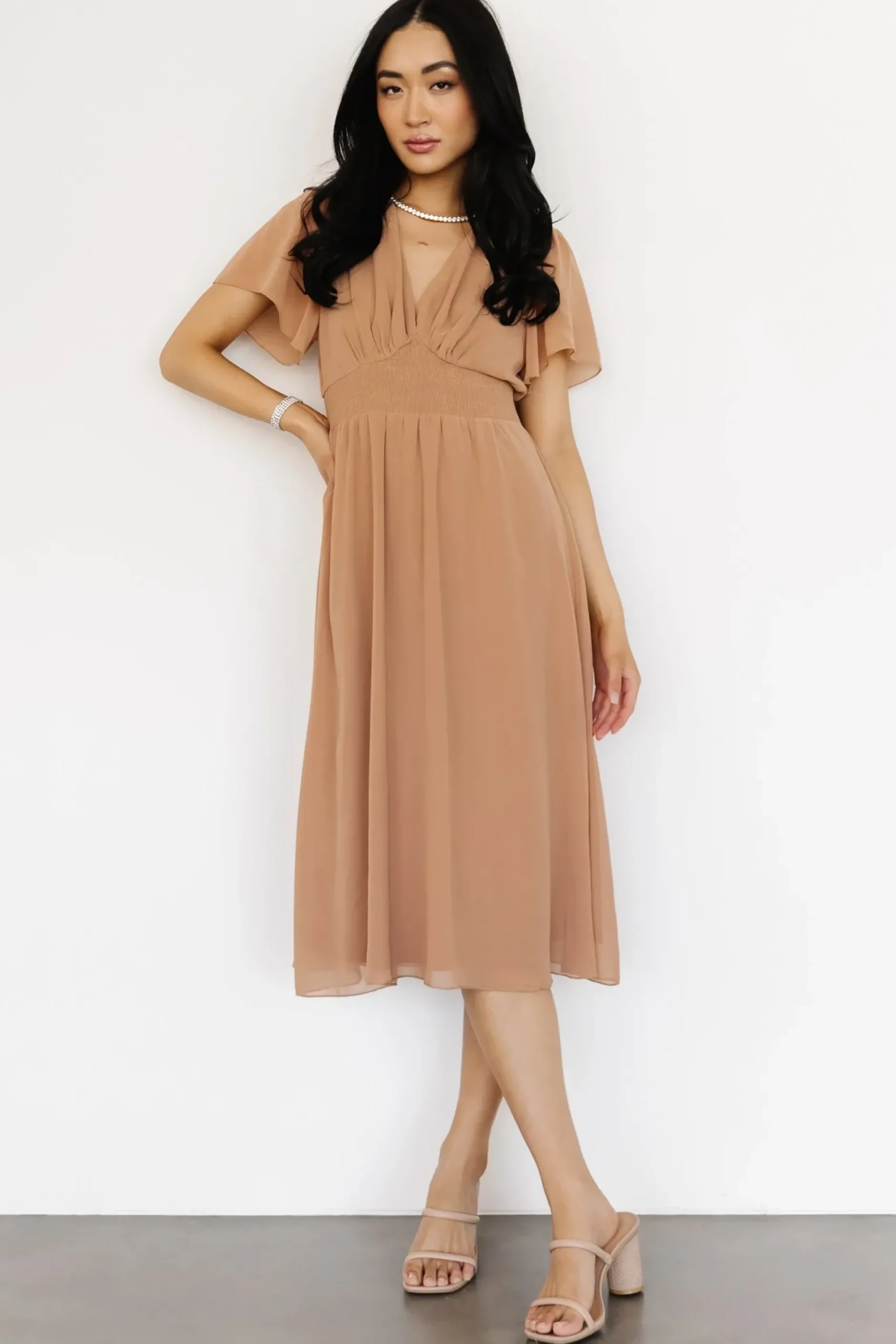 Baltic Born midi dresses|WEDDING SUITE|Sarah Smocked Midi Dress | Dusty Camel