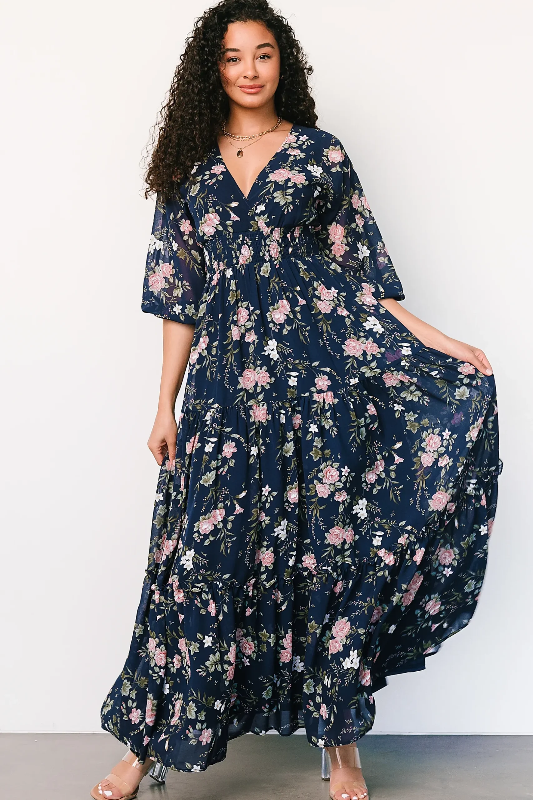 Baltic Born maxi dresses|bump friendly|Sawyer Tiered Maxi Dress | Navy + Pink
