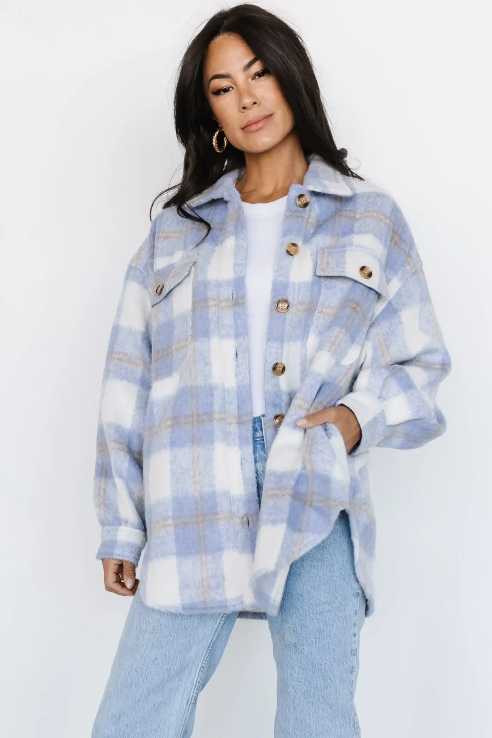 Baltic Born outerwear|Sharon Plaid Shacket | Blue + Off White