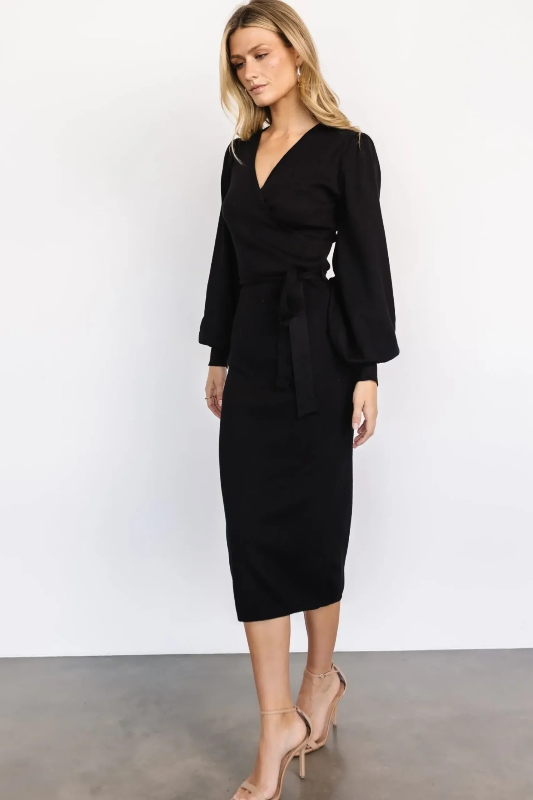Baltic Born midi dresses|TOPS|Soho Bubble Sleeve Sweater Dress | Black
