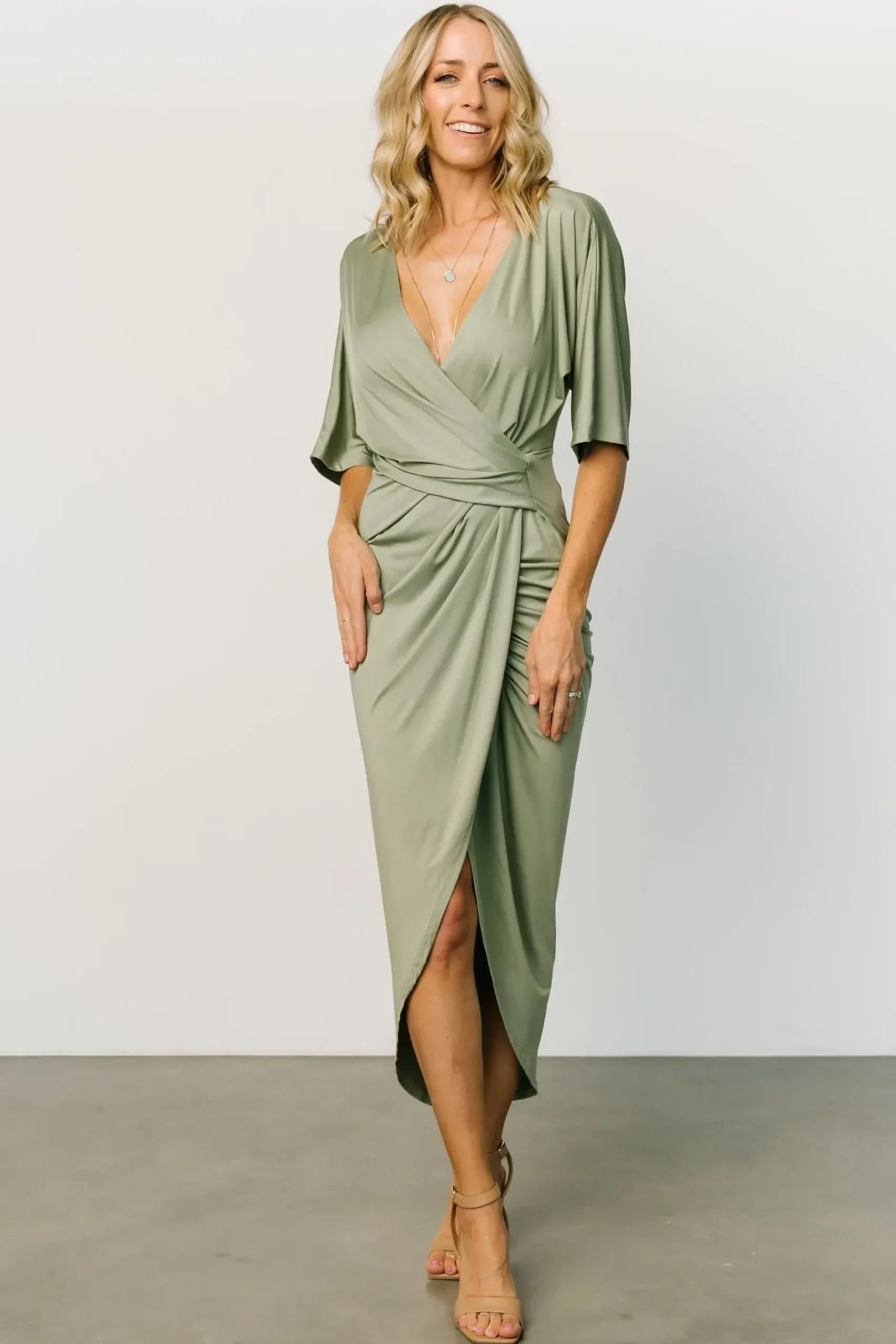 Baltic Born midi dresses|WEDDING SUITE|Solana Ruched Dress | Dusty Sage