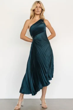 Baltic Born midi dresses|Tasia One Shoulder Pleated Dress | Deep Jade