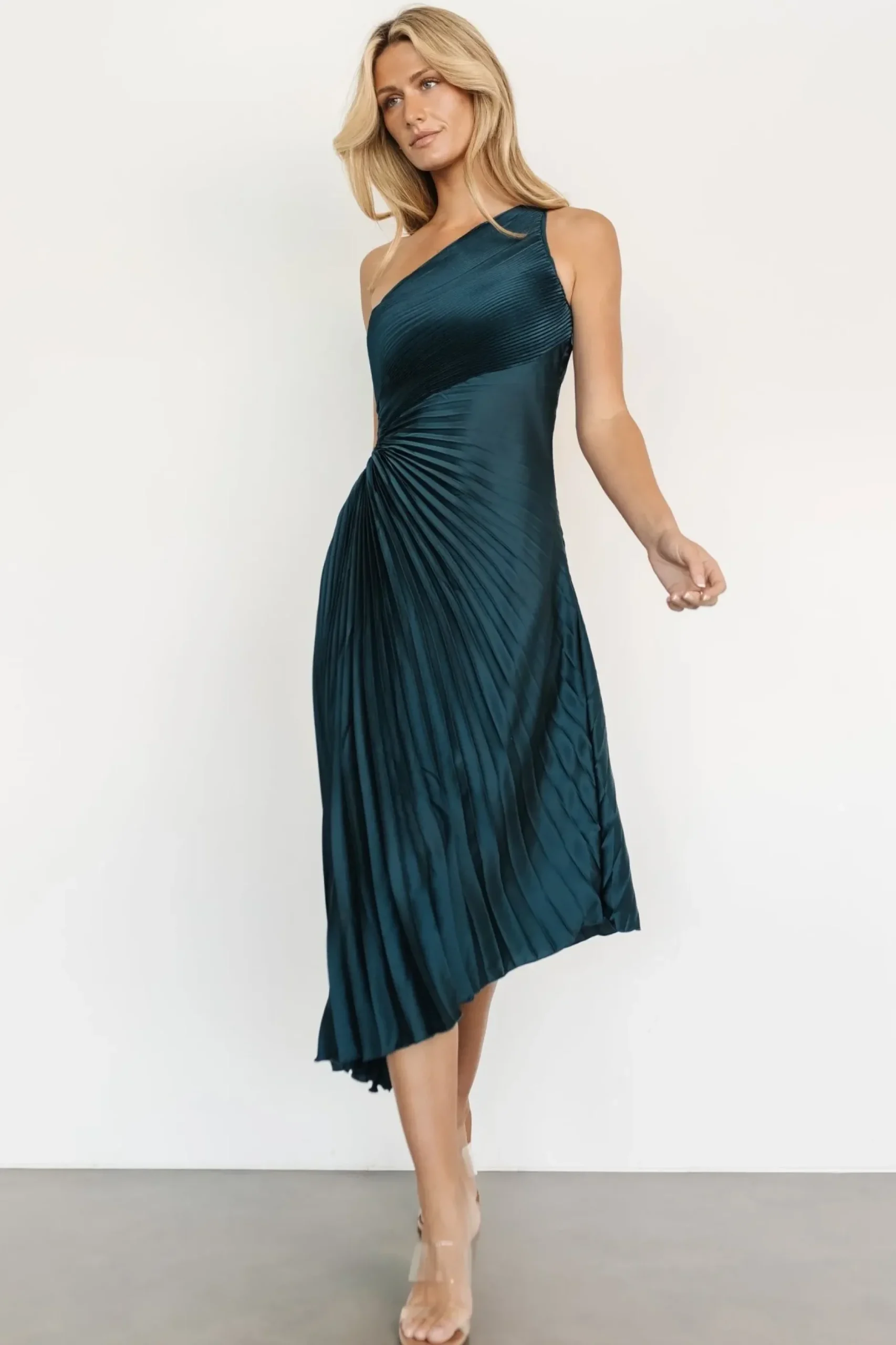 Baltic Born midi dresses|Tasia One Shoulder Pleated Dress | Deep Jade