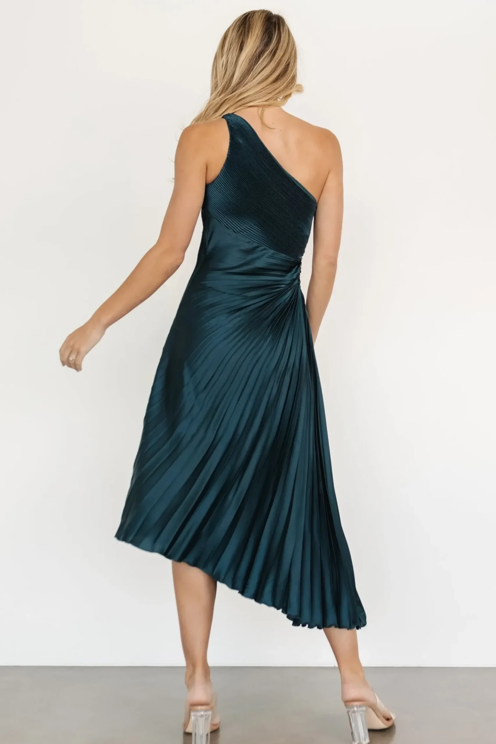 Baltic Born midi dresses|Tasia One Shoulder Pleated Dress | Deep Jade