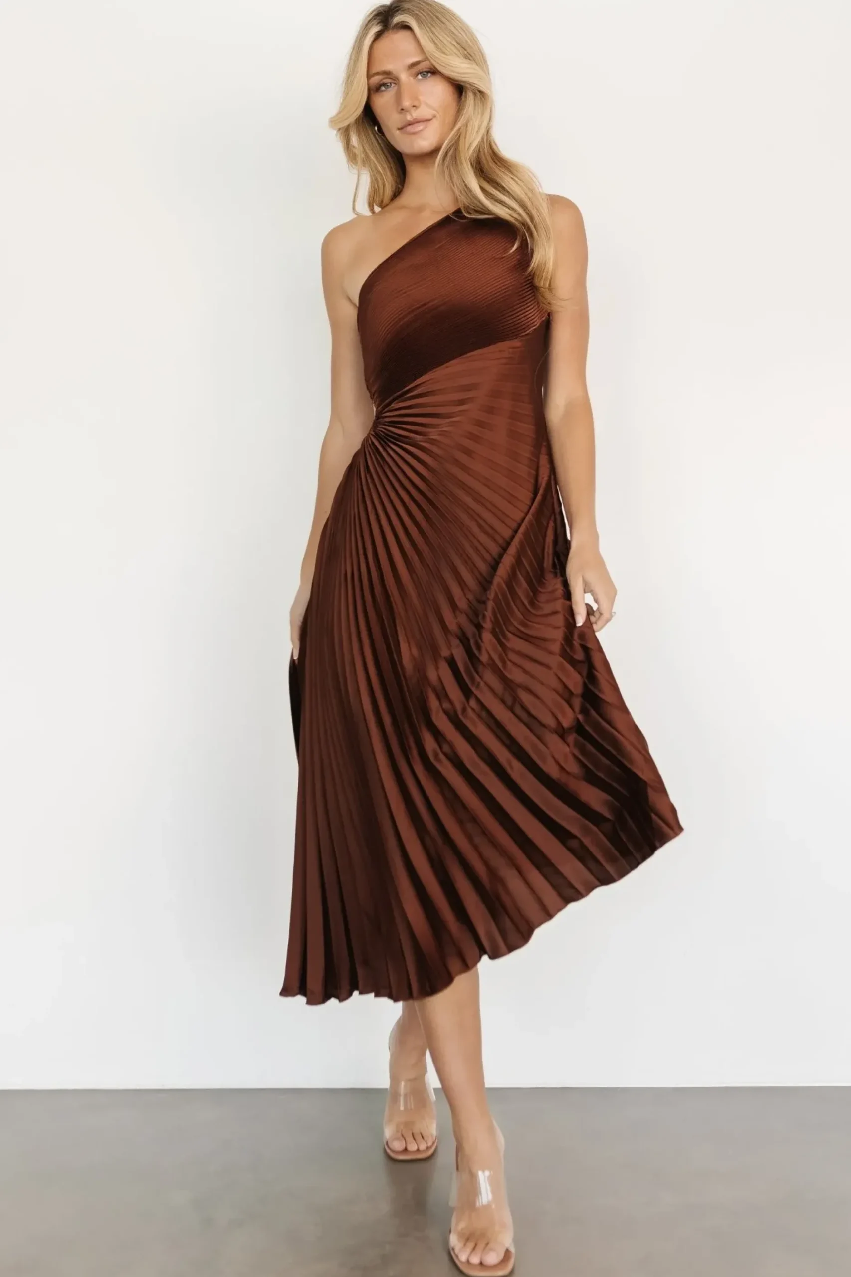 Baltic Born midi dresses|Tasia One Shoulder Pleated Dress | Mahogany