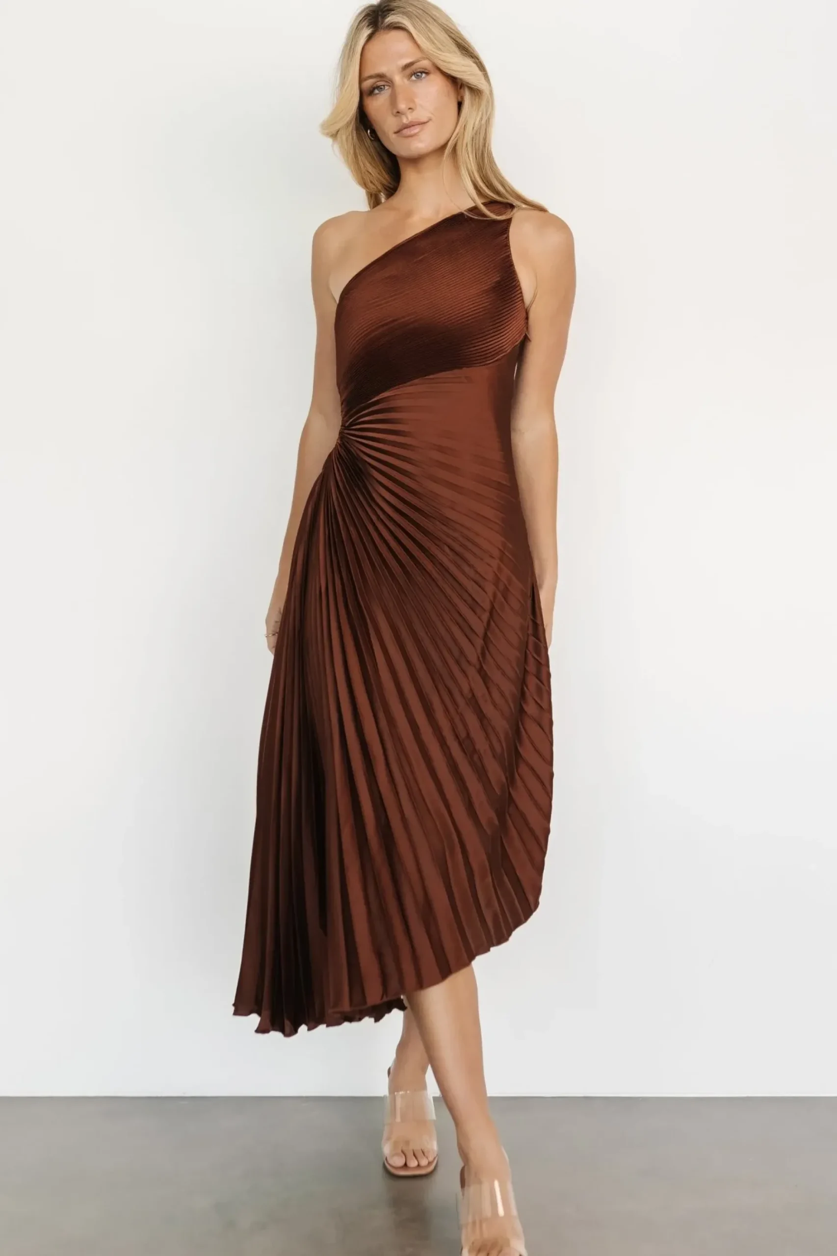 Baltic Born midi dresses|Tasia One Shoulder Pleated Dress | Mahogany