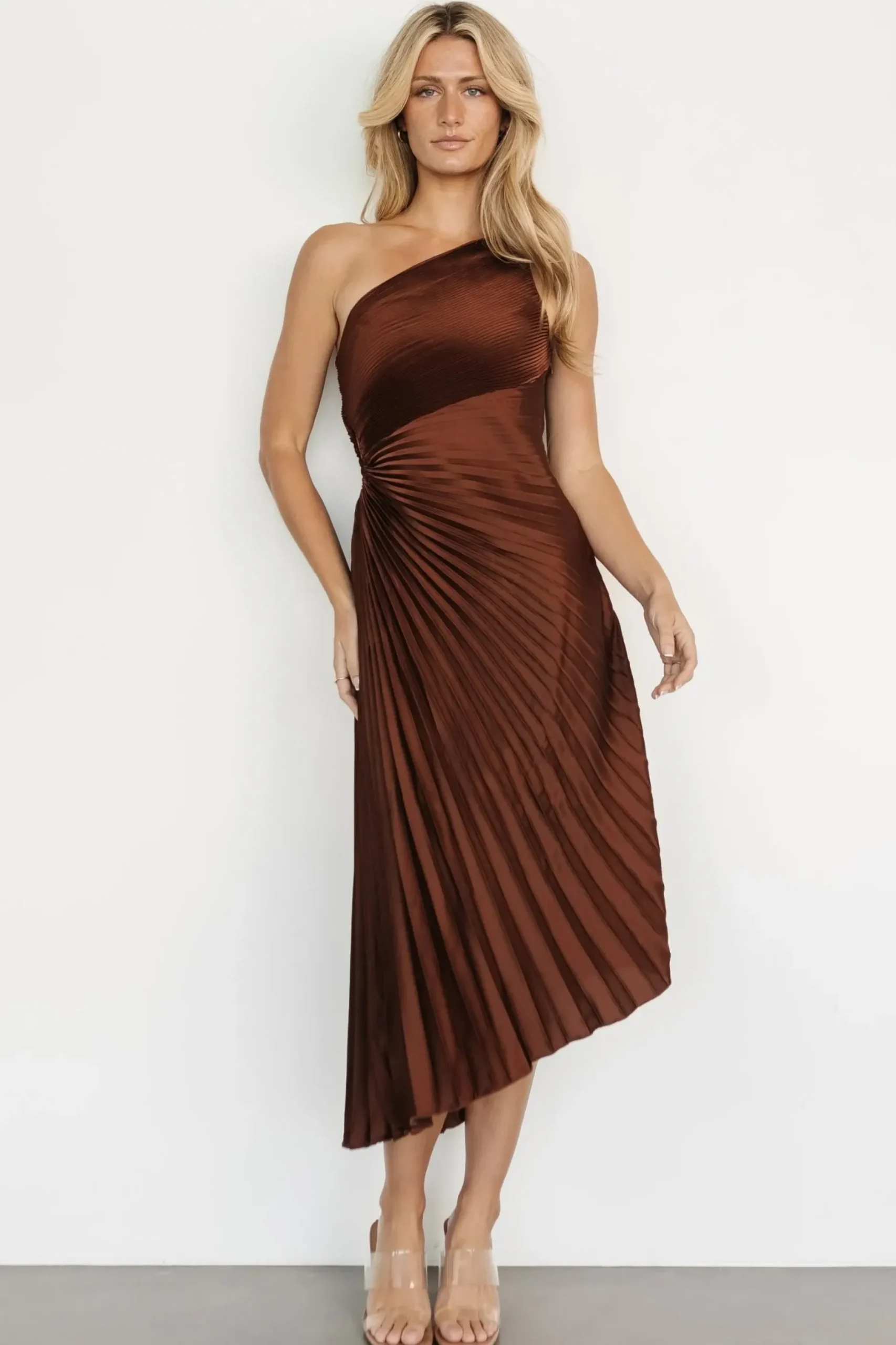 Baltic Born midi dresses|Tasia One Shoulder Pleated Dress | Mahogany