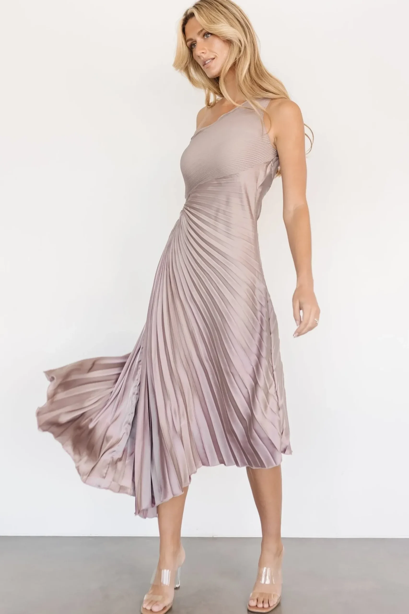 Baltic Born midi dresses|Tasia One Shoulder Pleated Dress | Autumn Orchid