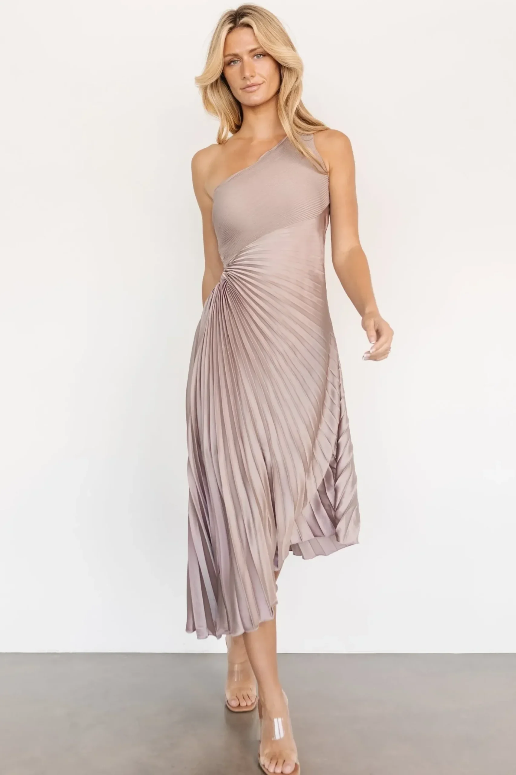 Baltic Born midi dresses|Tasia One Shoulder Pleated Dress | Autumn Orchid