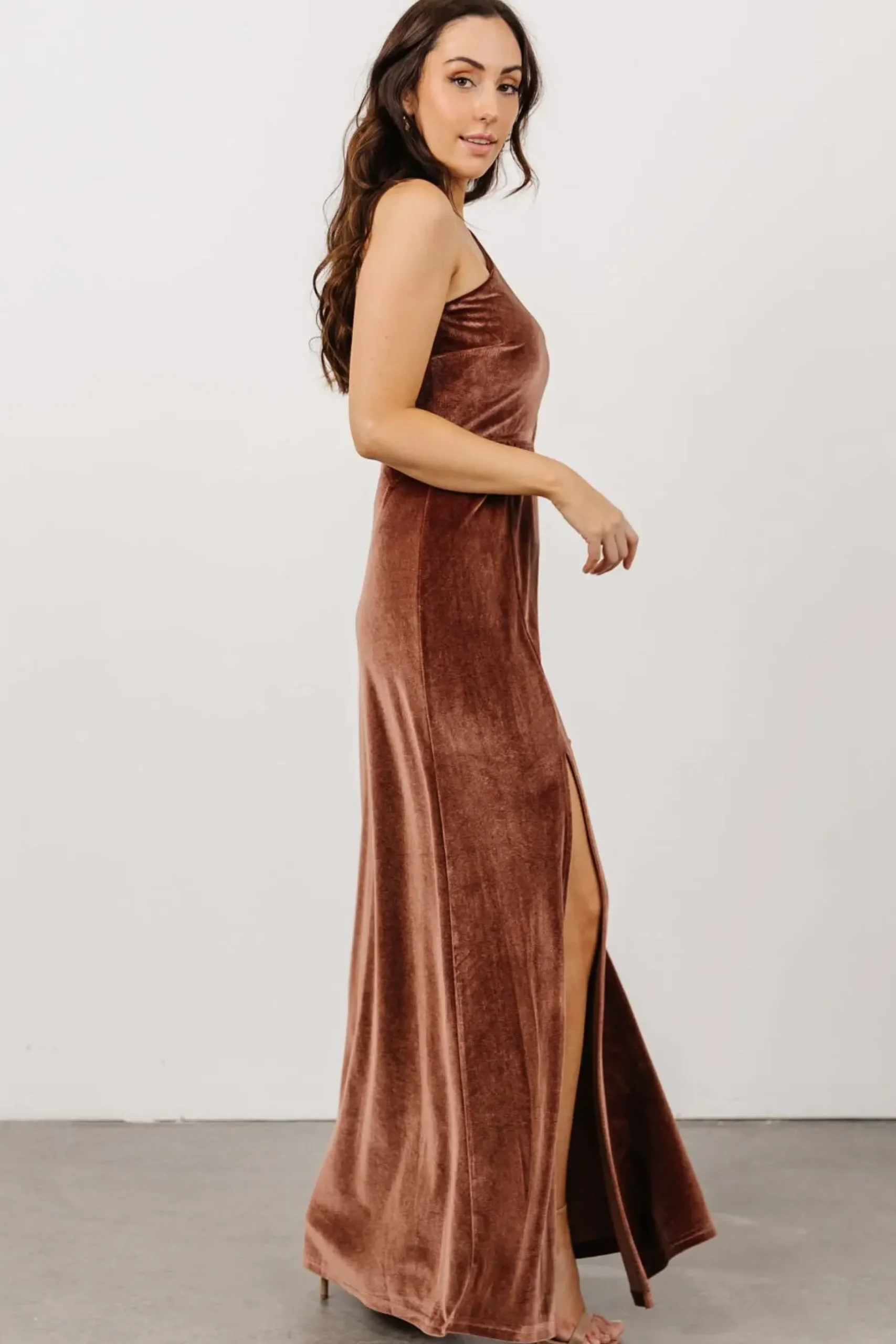 Baltic Born WEDDING SUITE|wedding guest|Tatiana Velvet One Shoulder Maxi Dress | Desert Rose