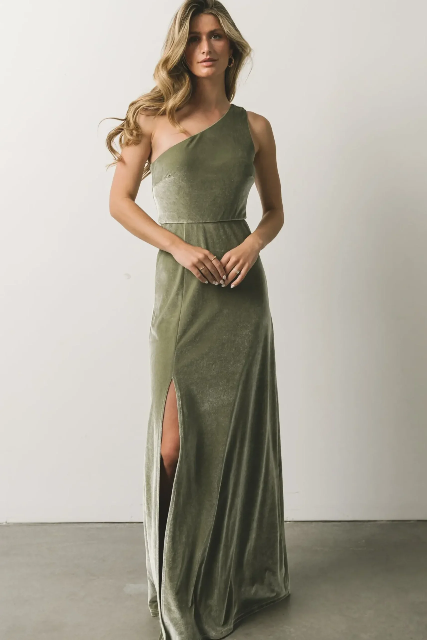 Baltic Born WEDDING SUITE|wedding guest|Tatiana Velvet One Shoulder Maxi Dress | Sage