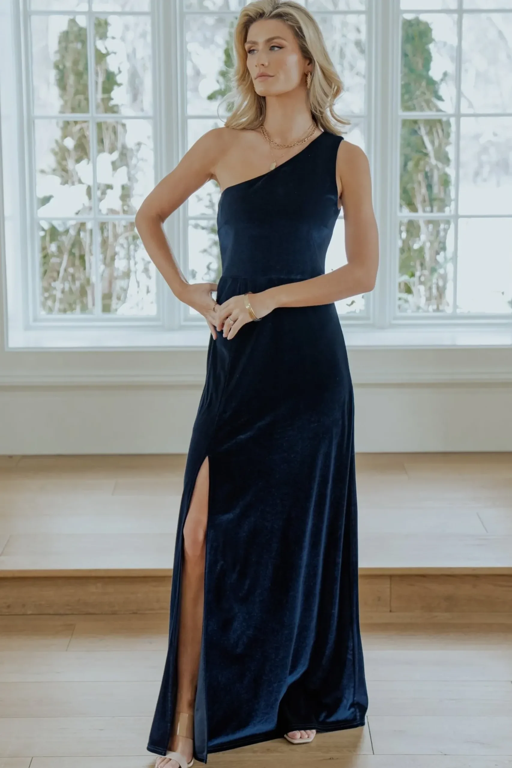 Baltic Born WEDDING SUITE|wedding guest|Tatiana Velvet One Shoulder Maxi Dress | Navy