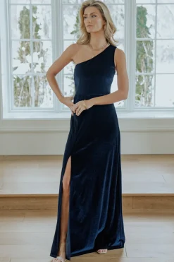 Baltic Born WEDDING SUITE|wedding guest|Tatiana Velvet One Shoulder Maxi Dress | Navy