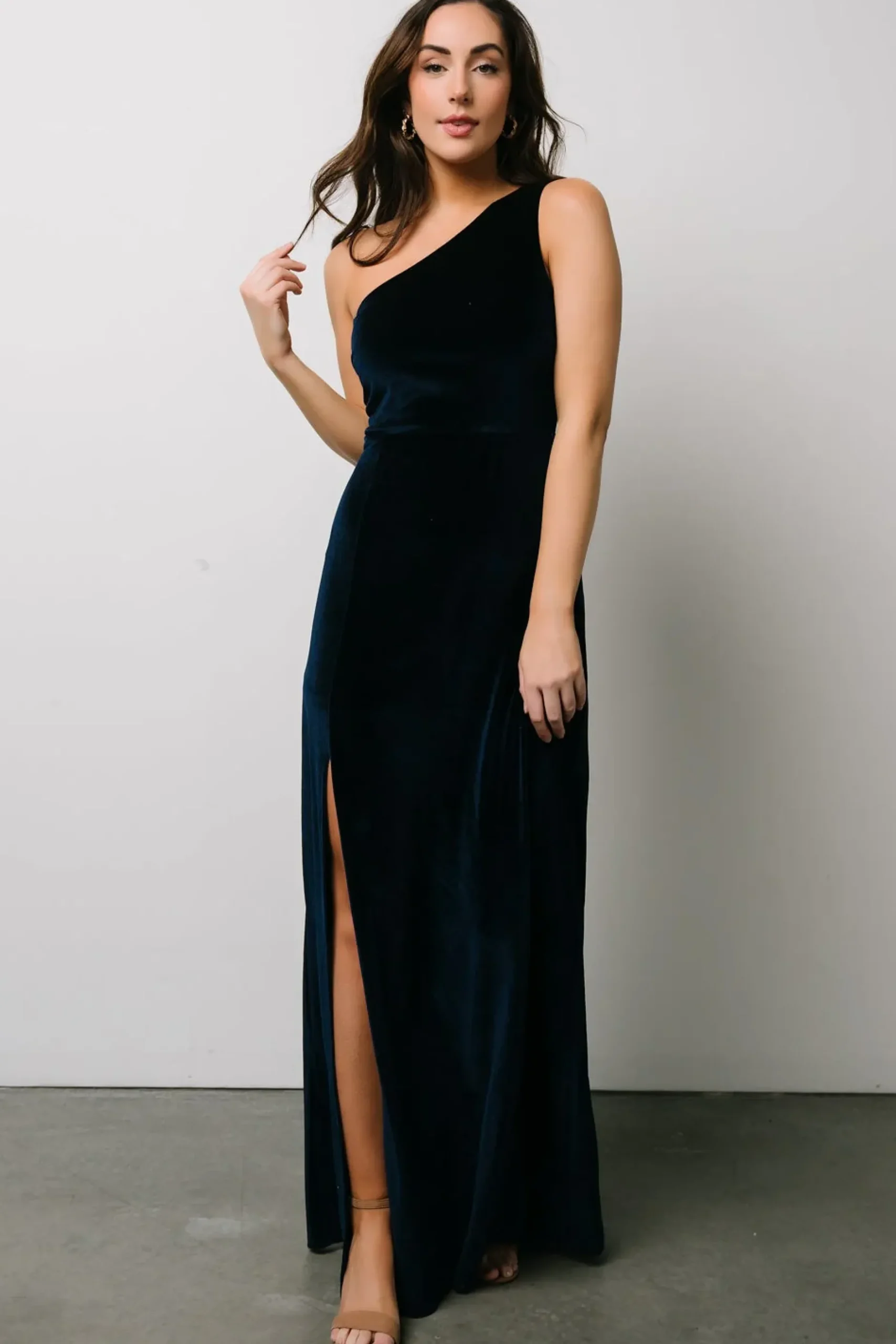 Baltic Born WEDDING SUITE|wedding guest|Tatiana Velvet One Shoulder Maxi Dress | Navy