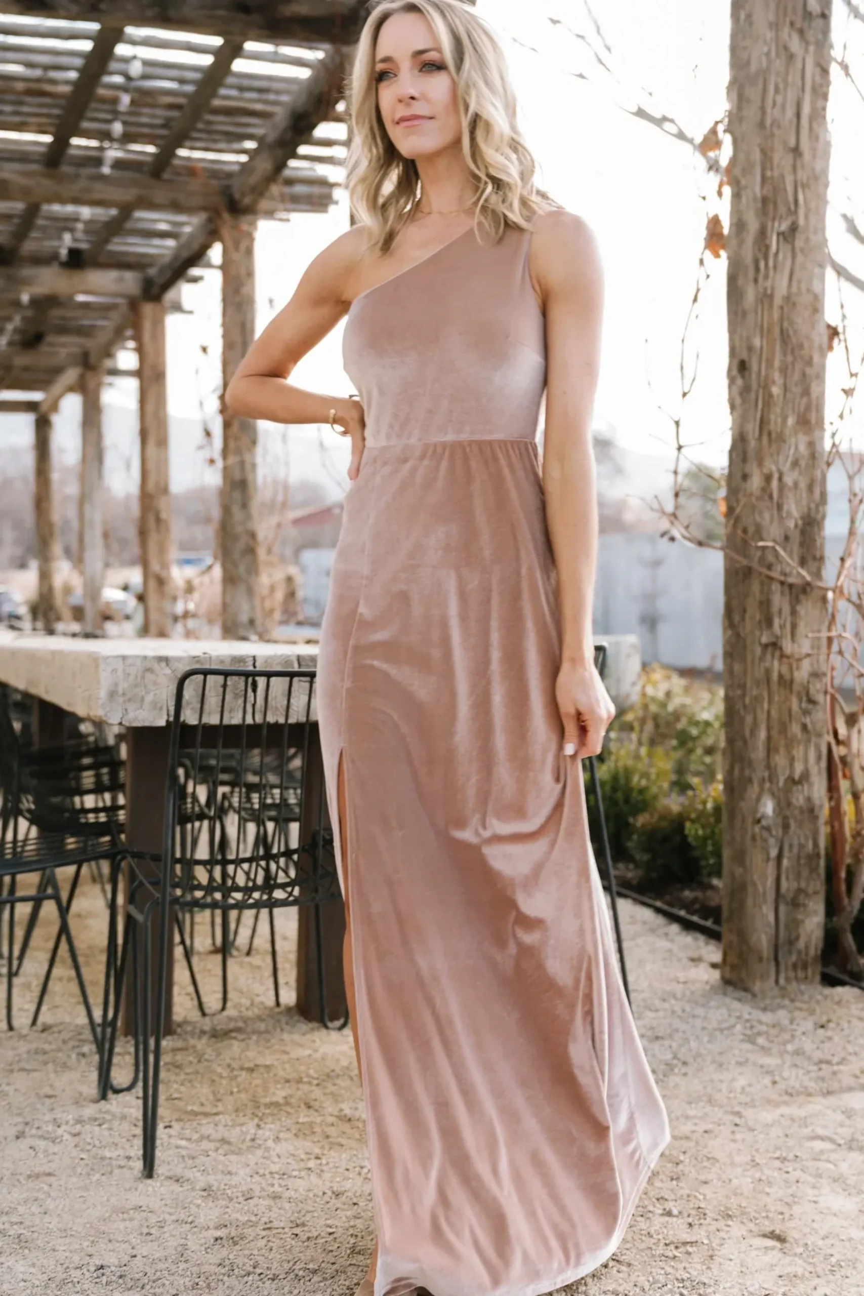 Baltic Born WEDDING SUITE|wedding guest|Tatiana Velvet One Shoulder Maxi Dress | Champagne