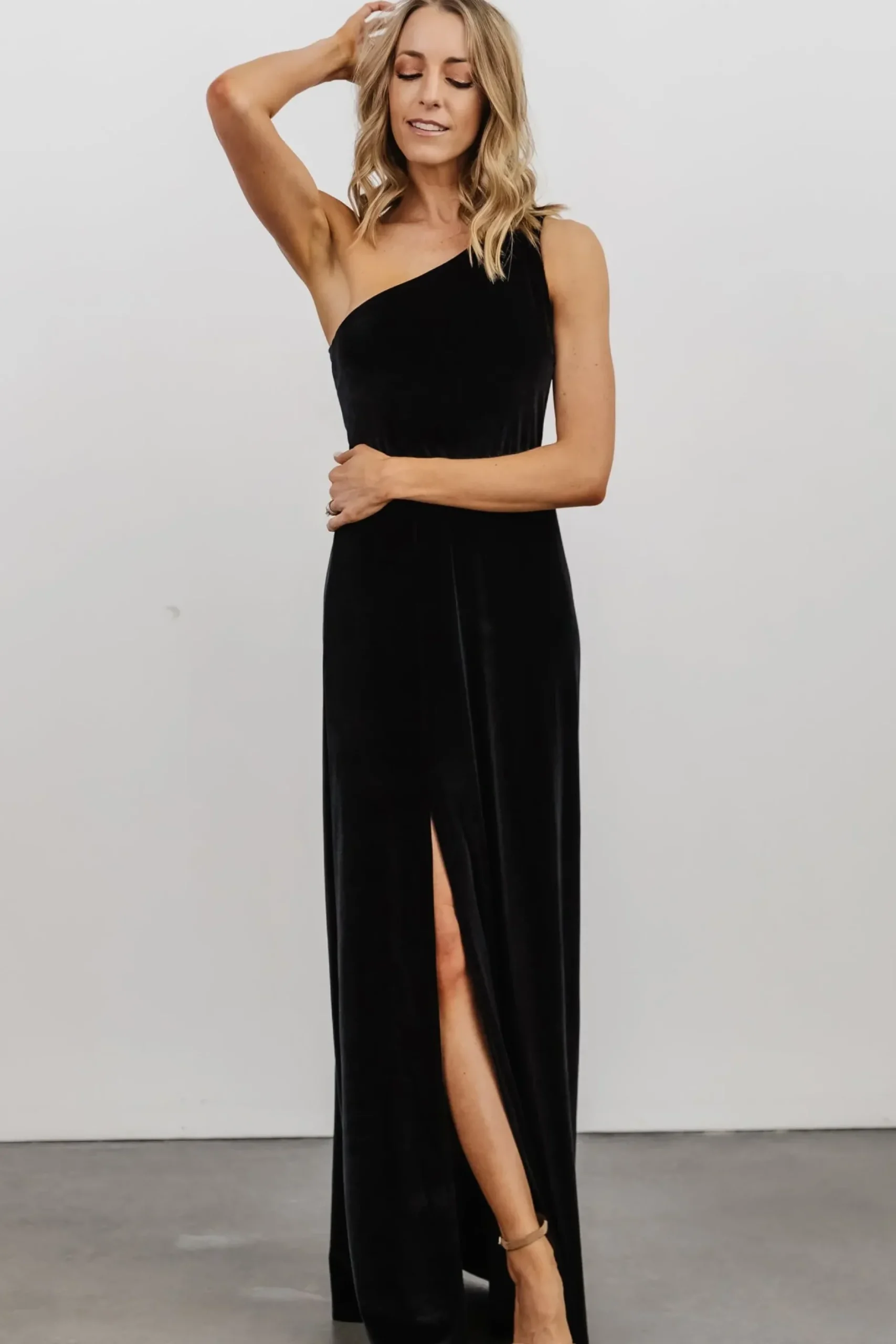 Baltic Born WEDDING SUITE|wedding guest|Tatiana Velvet One Shoulder Maxi Dress | Black