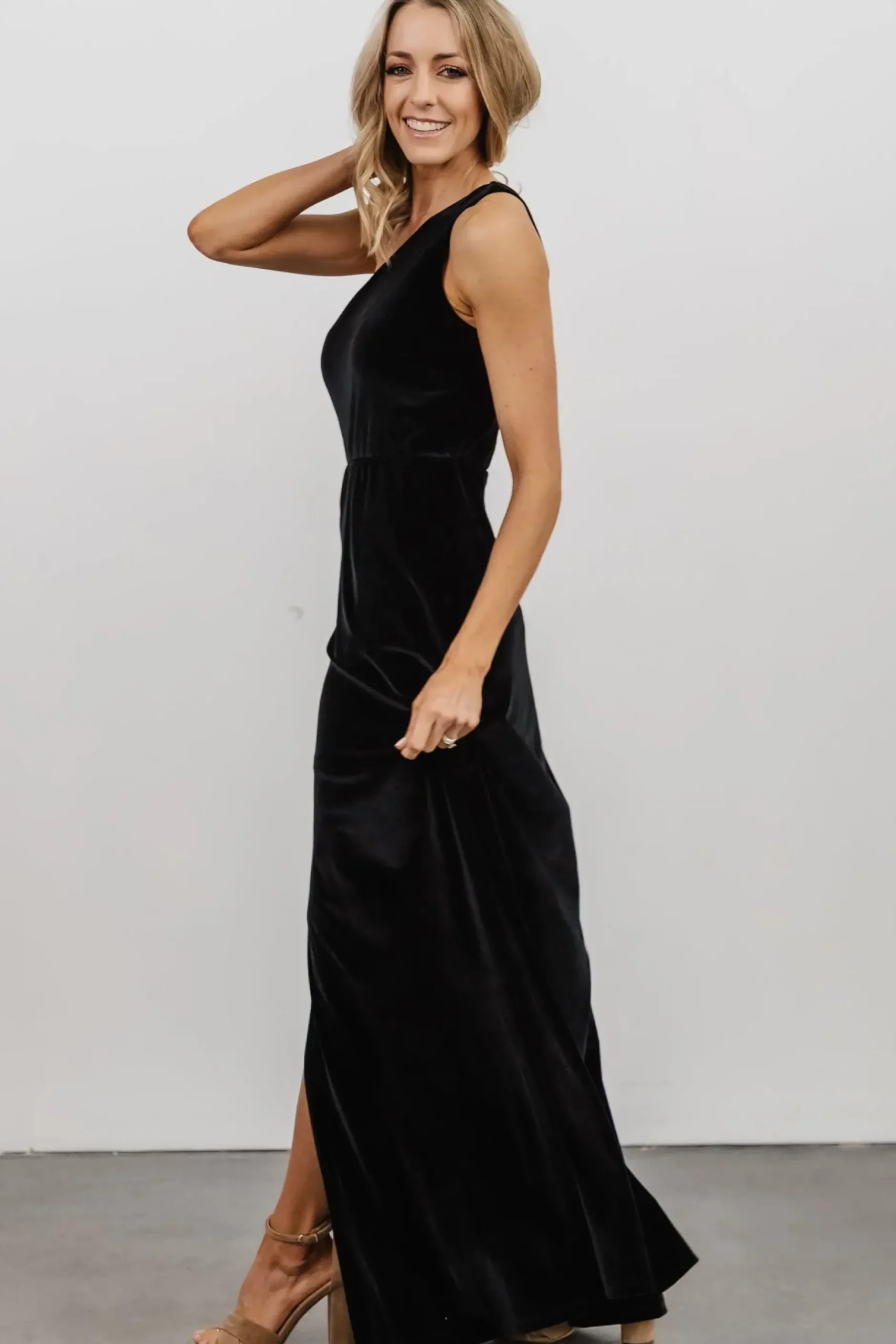 Baltic Born WEDDING SUITE|wedding guest|Tatiana Velvet One Shoulder Maxi Dress | Black