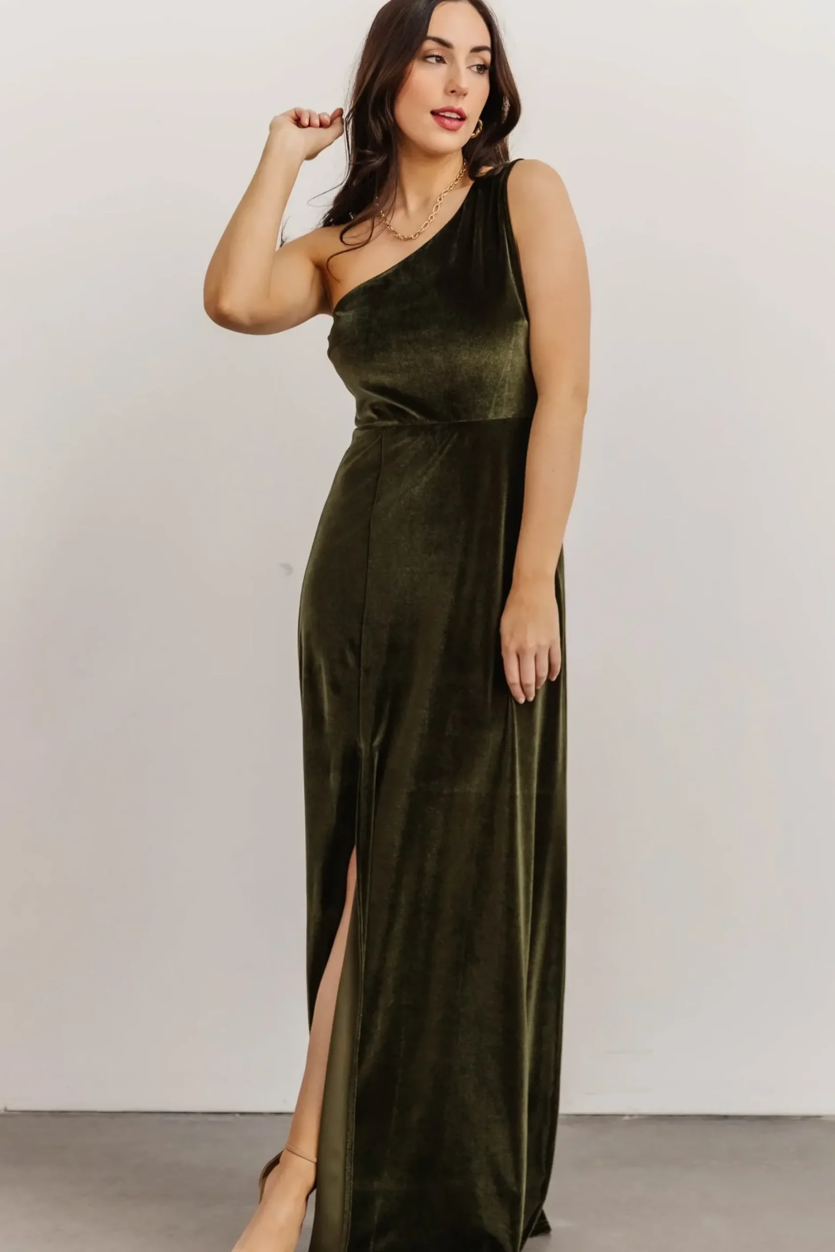 Baltic Born WEDDING SUITE|wedding guest|Tatiana Velvet One Shoulder Maxi Dress | Olive