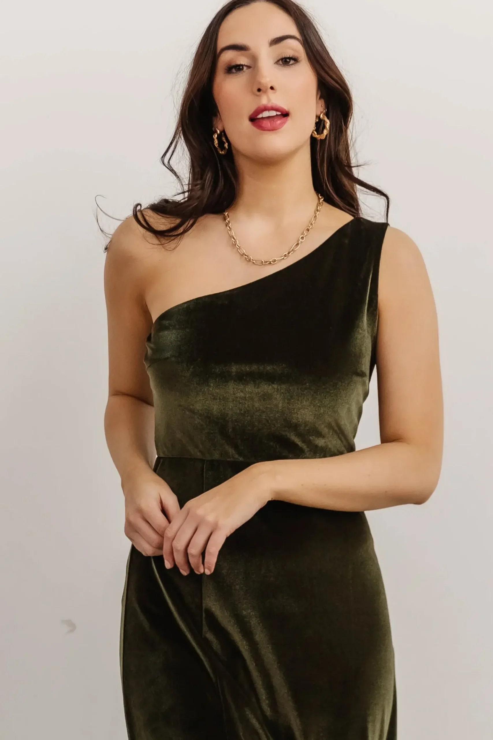 Baltic Born WEDDING SUITE|wedding guest|Tatiana Velvet One Shoulder Maxi Dress | Olive