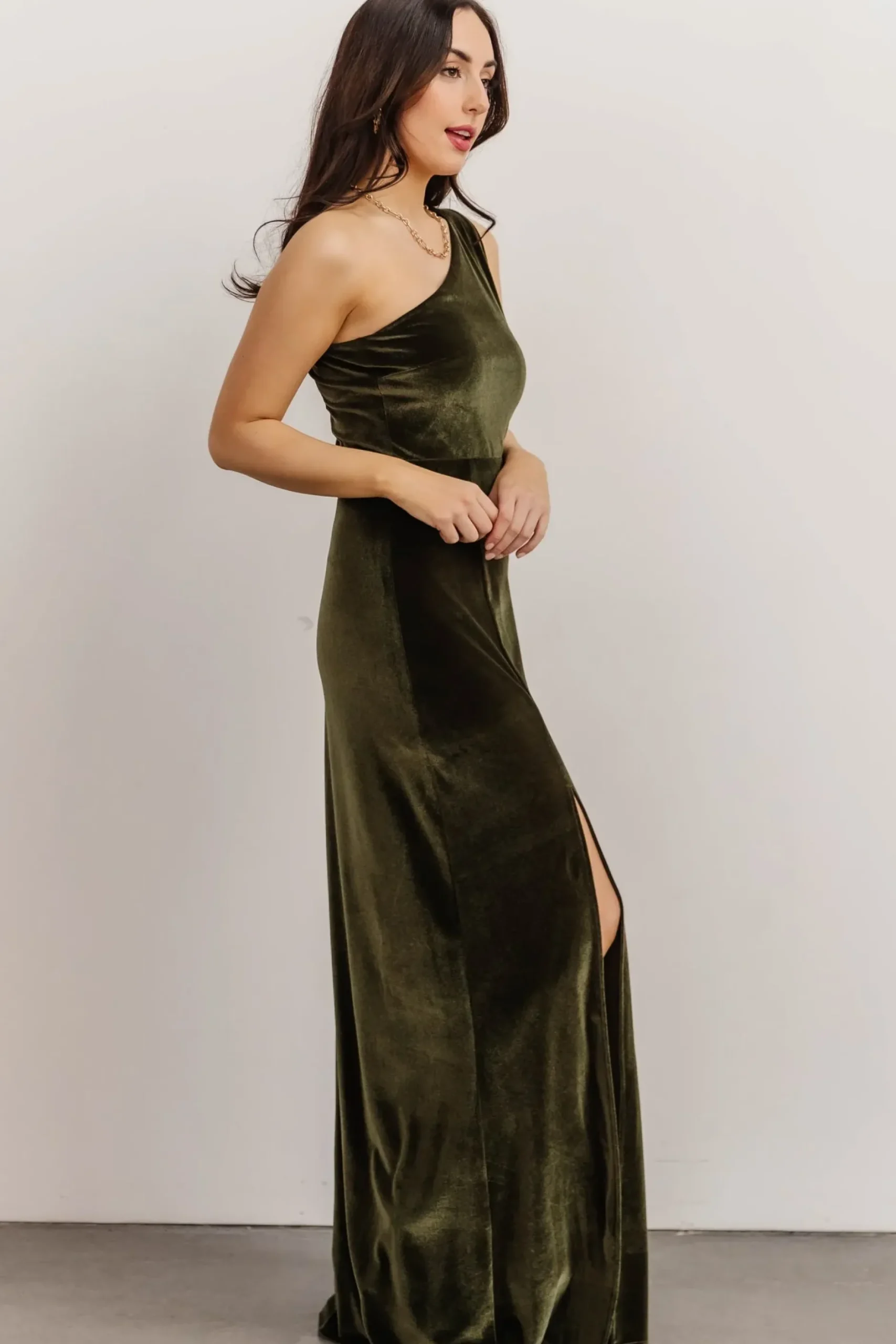 Baltic Born WEDDING SUITE|wedding guest|Tatiana Velvet One Shoulder Maxi Dress | Olive