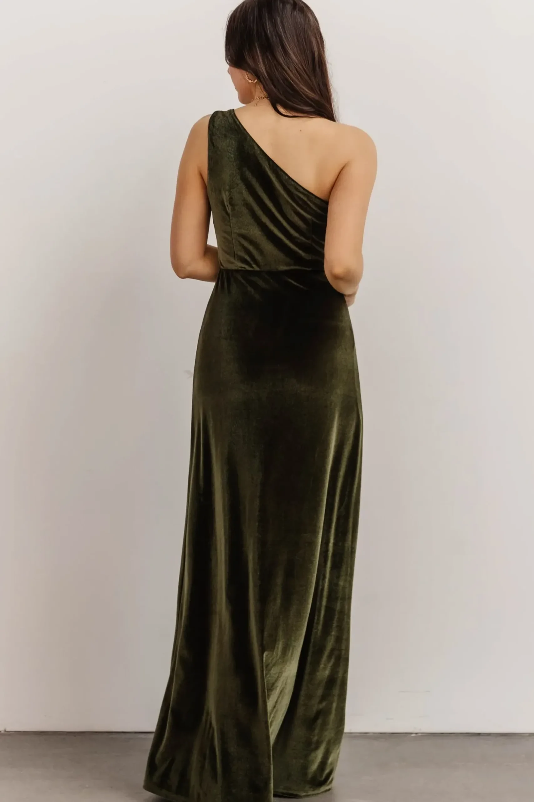 Baltic Born WEDDING SUITE|wedding guest|Tatiana Velvet One Shoulder Maxi Dress | Olive
