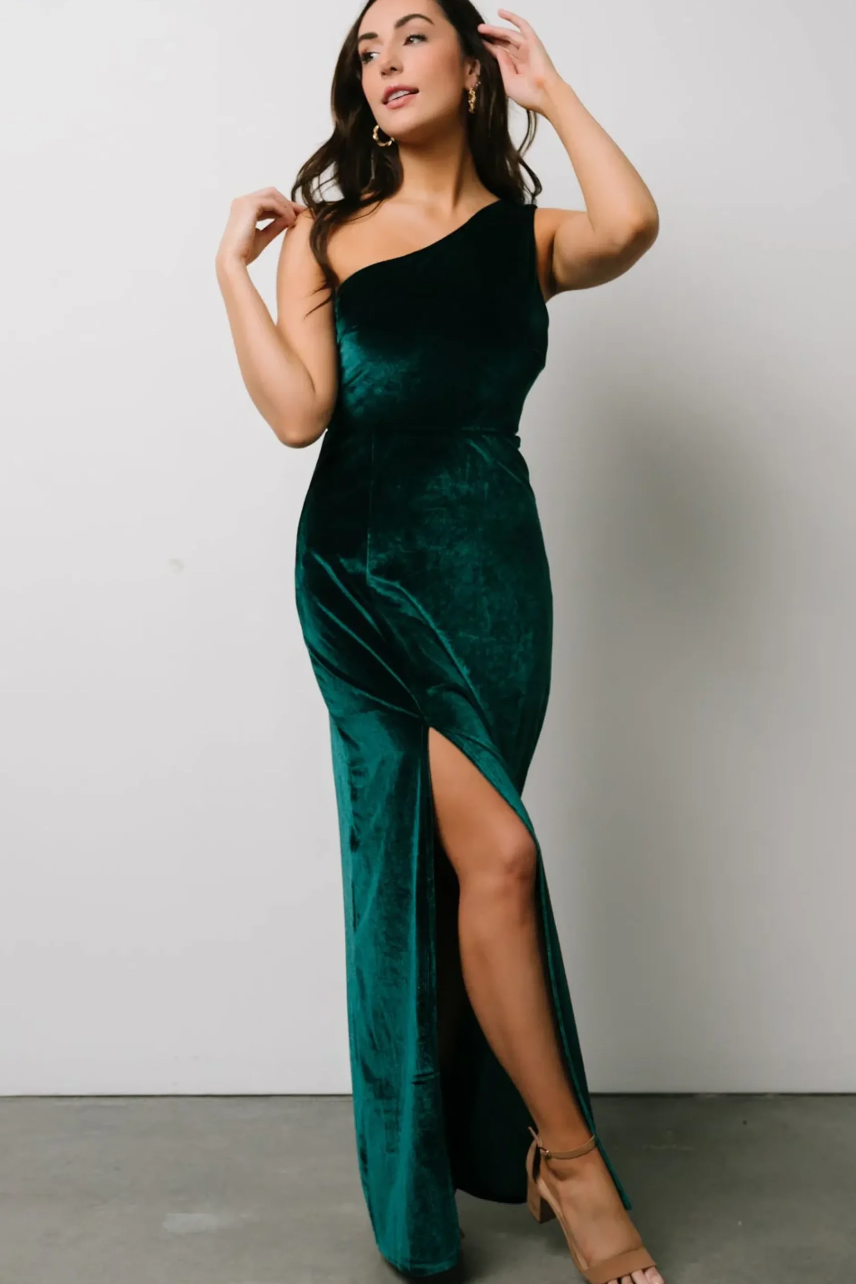Baltic Born WEDDING SUITE|wedding guest|Tatiana Velvet One Shoulder Maxi Dress | Emerald
