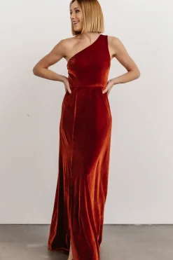 Baltic Born WEDDING SUITE|wedding guest|Tatiana Velvet One Shoulder Maxi Dress | Rust