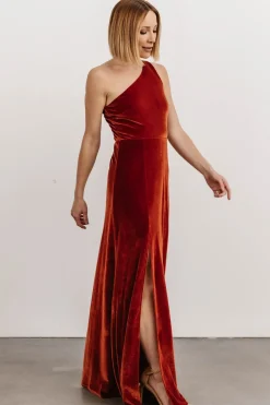 Baltic Born WEDDING SUITE|wedding guest|Tatiana Velvet One Shoulder Maxi Dress | Rust