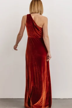 Baltic Born WEDDING SUITE|wedding guest|Tatiana Velvet One Shoulder Maxi Dress | Rust