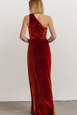Baltic Born WEDDING SUITE|wedding guest|Tatiana Velvet One Shoulder Maxi Dress | Rust